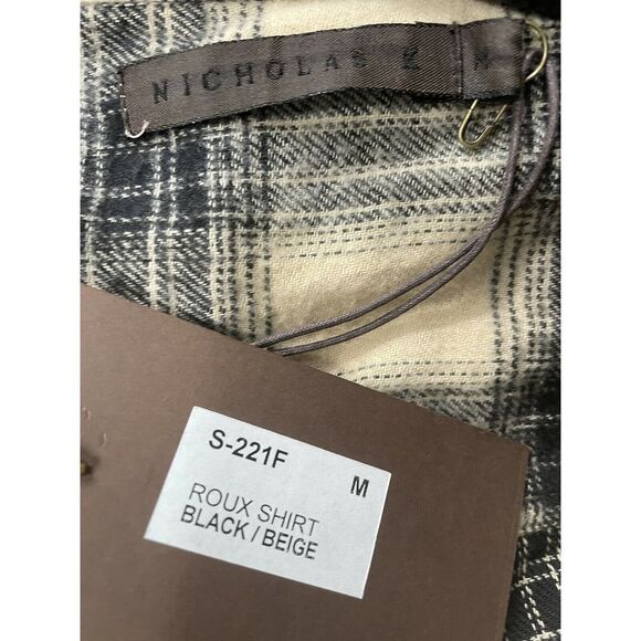 Nicholas K Roux Flannel Black Beige Check Wrap Blouse Size Medium New - Picture 6 of 6